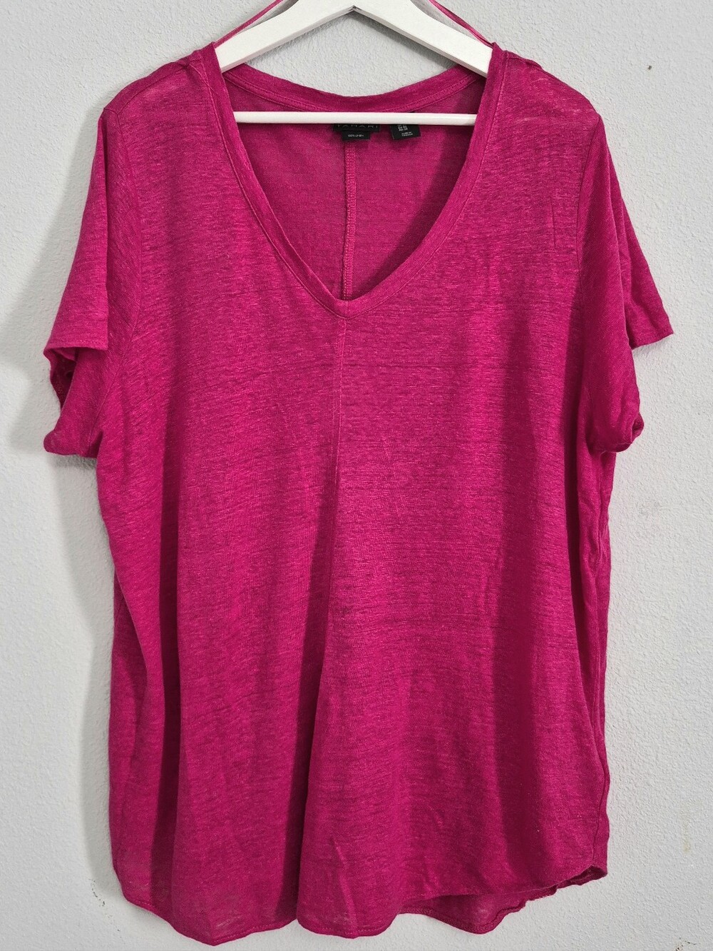 Tahari 100% Linen Short Sleeve Vneck Tunic Top Fuchsia Pink 1X Barbiecore